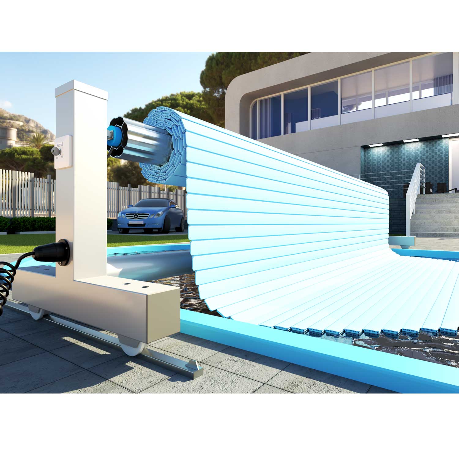 Automatisiertes Poolabdeckungssystem mit einer hellblauen Lamellenabdeckung, die über einem Privatpool eingesetzt wird.