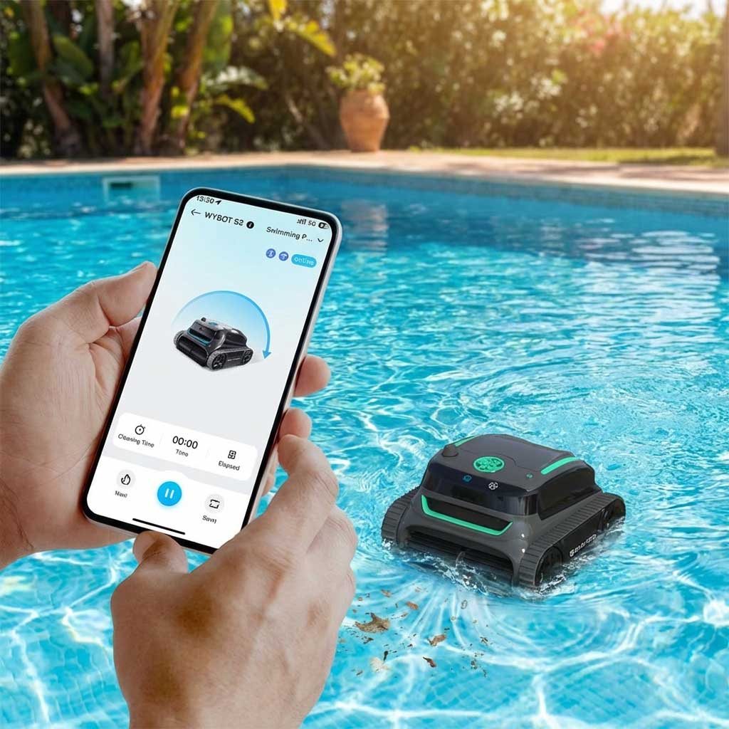 Ein Roboter-Poolreiniger, der in einem Schwimmbad arbeitet.