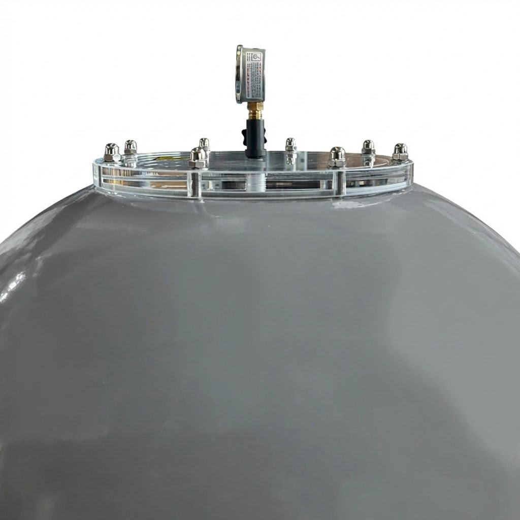 Graue Kuppel mit Metallbolzen und einem Manometer oben.