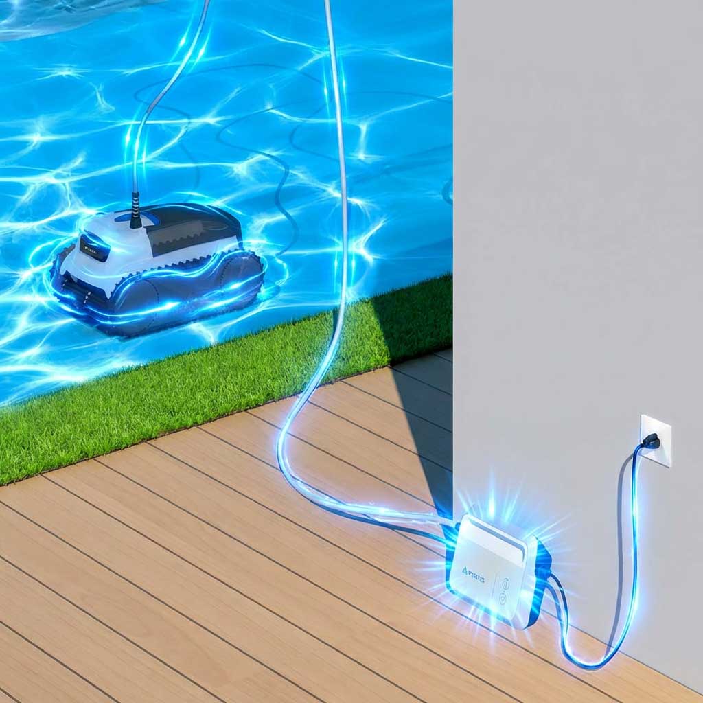 Automatischer Poolreiniger im Wasser mit seitlichem Stromanschluss.