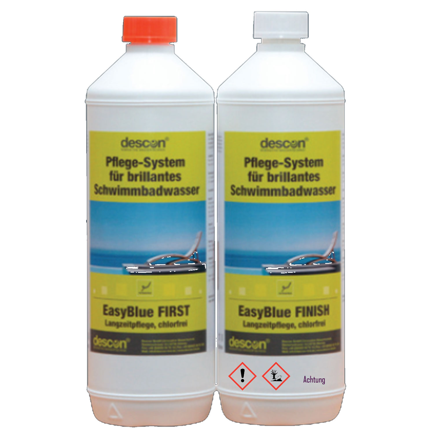 Zwei Flaschen Descon EasyBlue FIRST und FINISH Poolwasseraufbereitungsprodukte, chlorfrei.