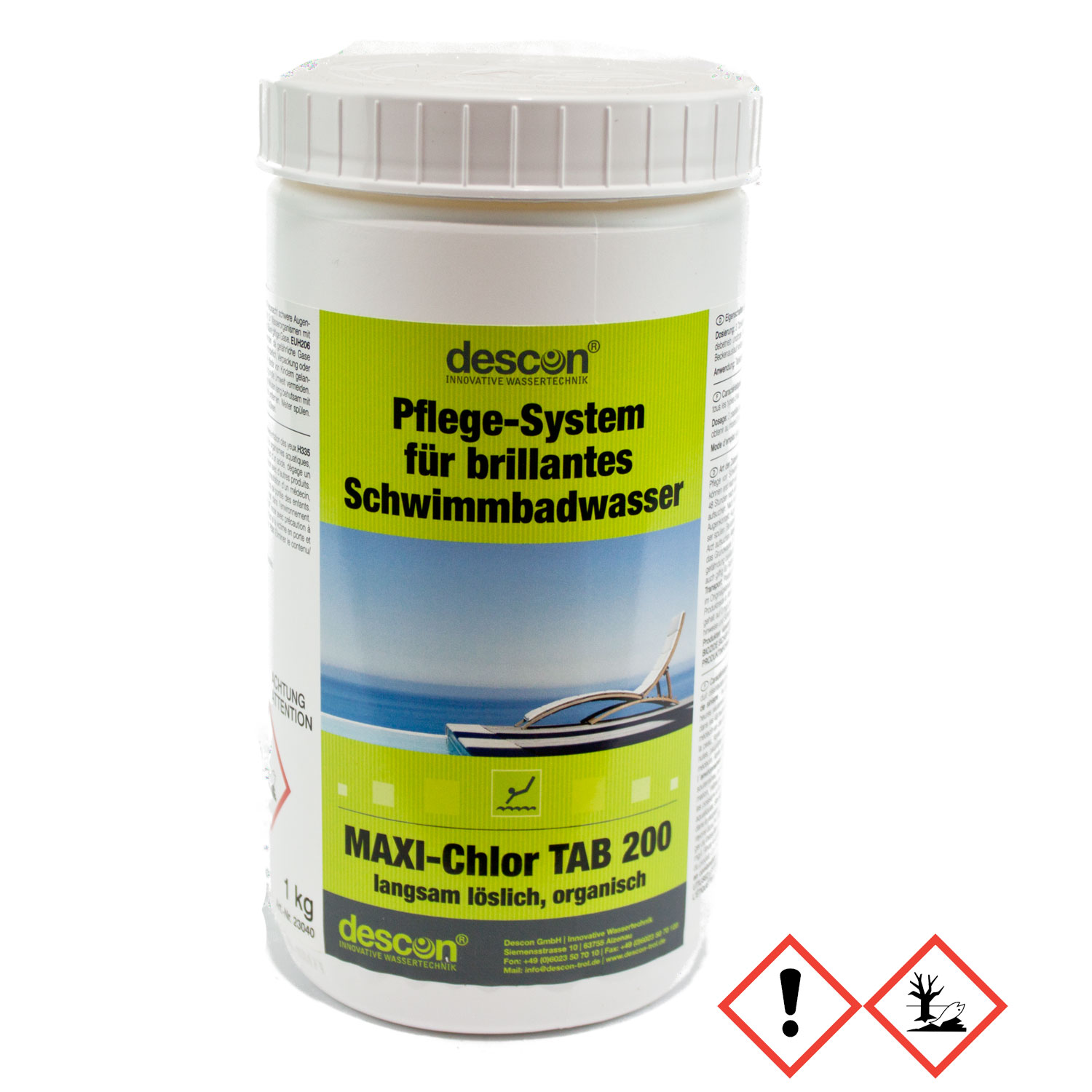 Behälter mit Descon Maxi-Chlor TAB 200 zur Poolwasseraufbereitung für Sanitärzwecke.
