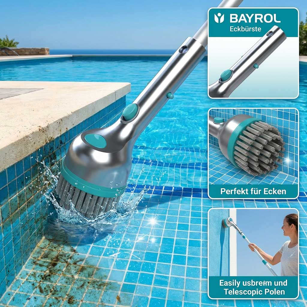 Pool-Reinigungsbürste im Wasser, konzipiert für Ecken und Kanten.