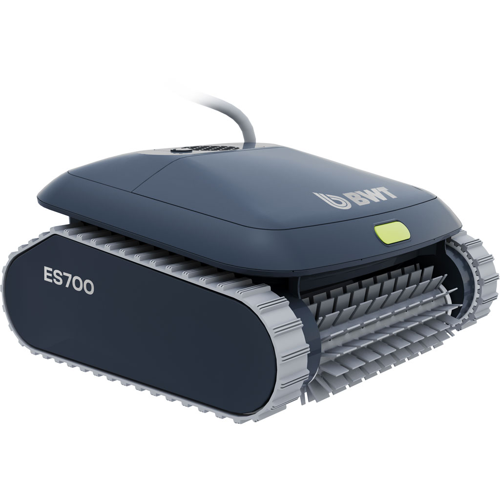 BWT ES700 Poolroboter mit dunklem Gehäuse, Profilantriebssystem und Steuerkabel.
