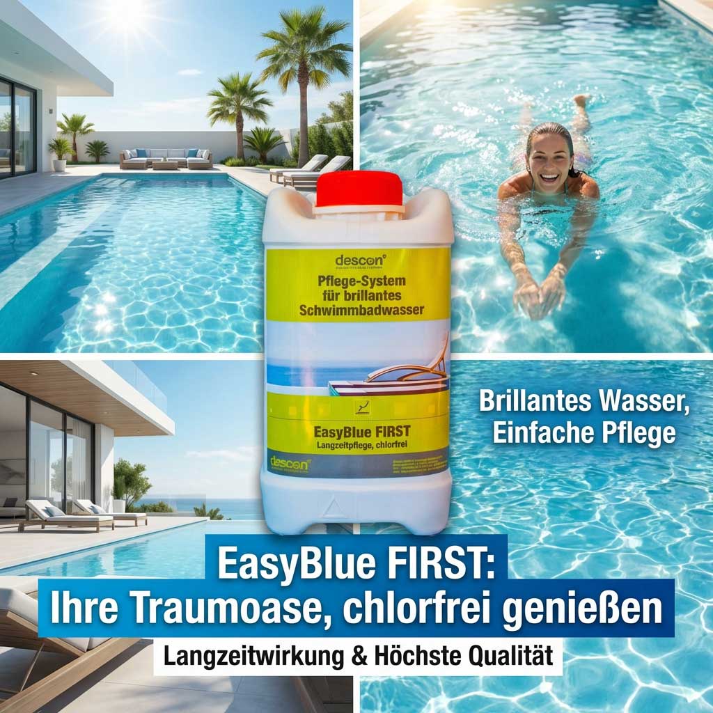 Ein großer Behälter mit Poolpflegesystem-Produkten für strahlendes Schwimmbadwasser.