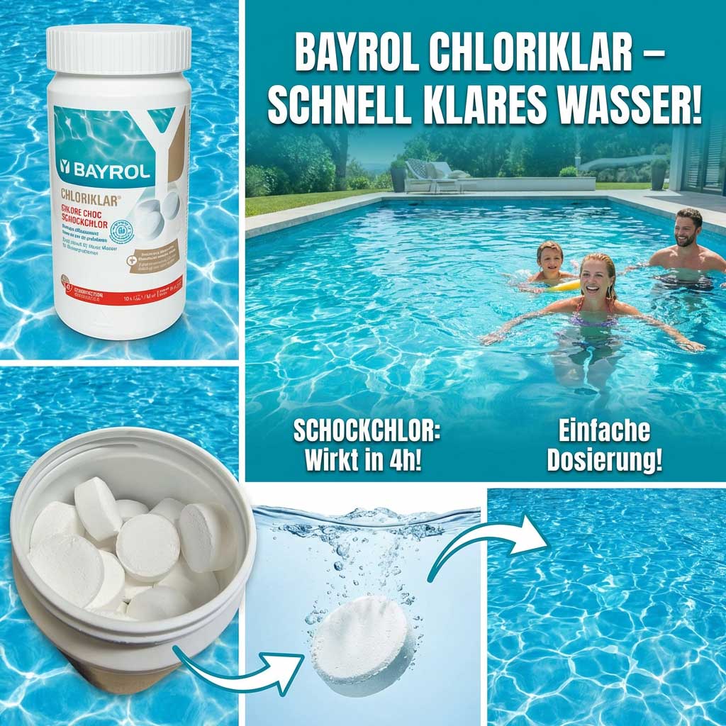 Weiße Flasche Bayrol Chloriklar Chlortabletten neben einem Schwimmbad mit Menschen.