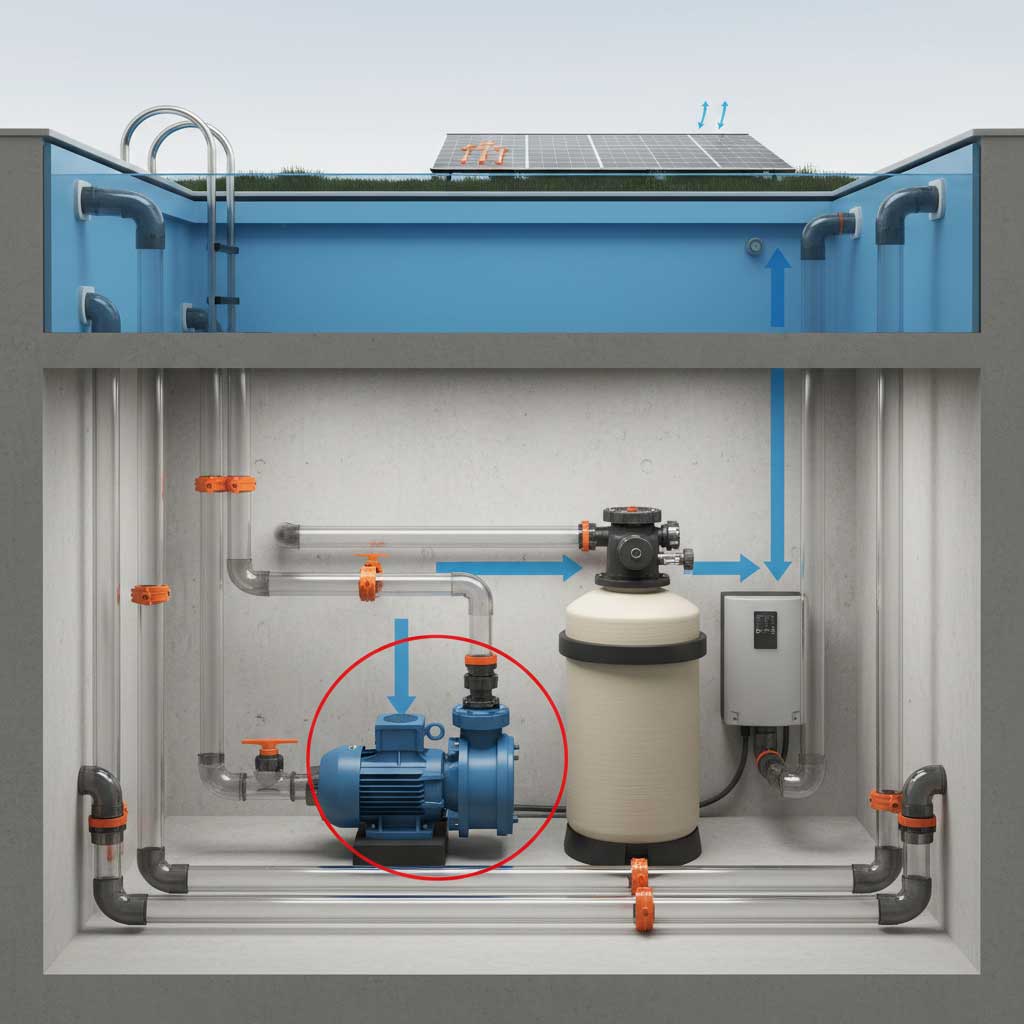 Illustration eines Schwimmbades, eines Filtersystems, einer Pumpe und der zugehörigen Sanitärkomponenten.
