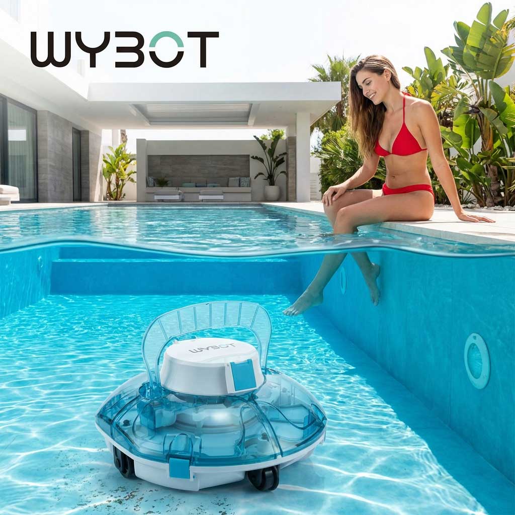Automatisierter Poolreiniger in einem Schwimmbad mit klarem Wasser.
