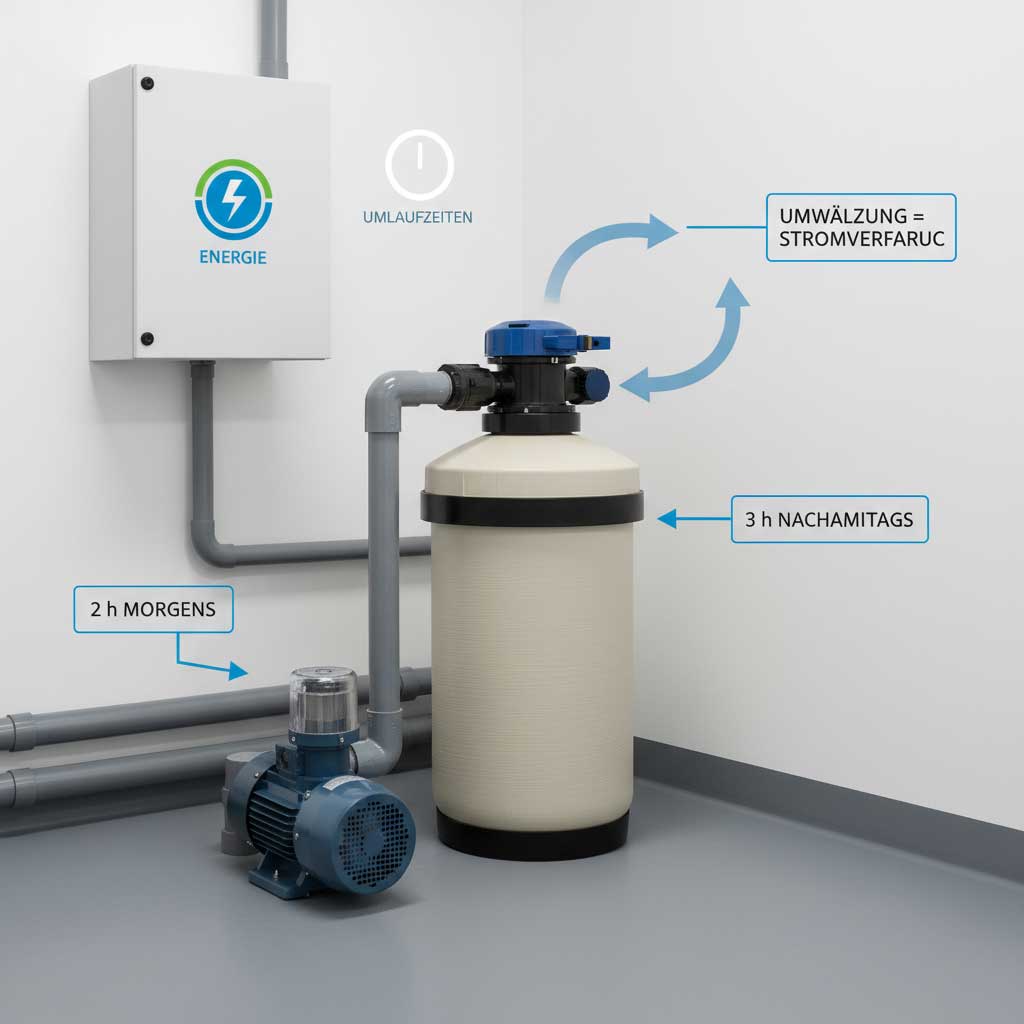 Poolfiltersystem inklusive Pumpe, Tank und Steuerkasten mit Anzeige der Umwälzzeiten und des Energieverbrauchs.