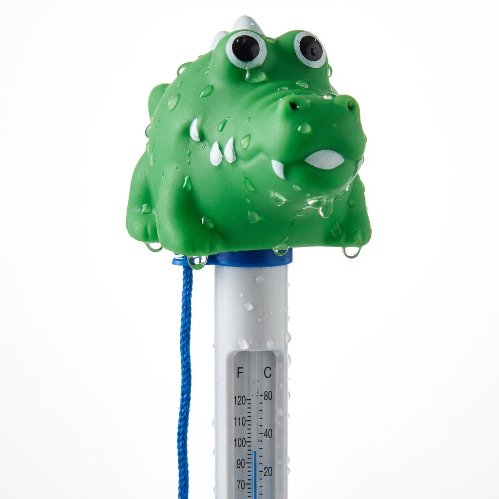 Grünes Krokodil-Poolthermometer mit Wassertropfen auf weißem Hintergrund.