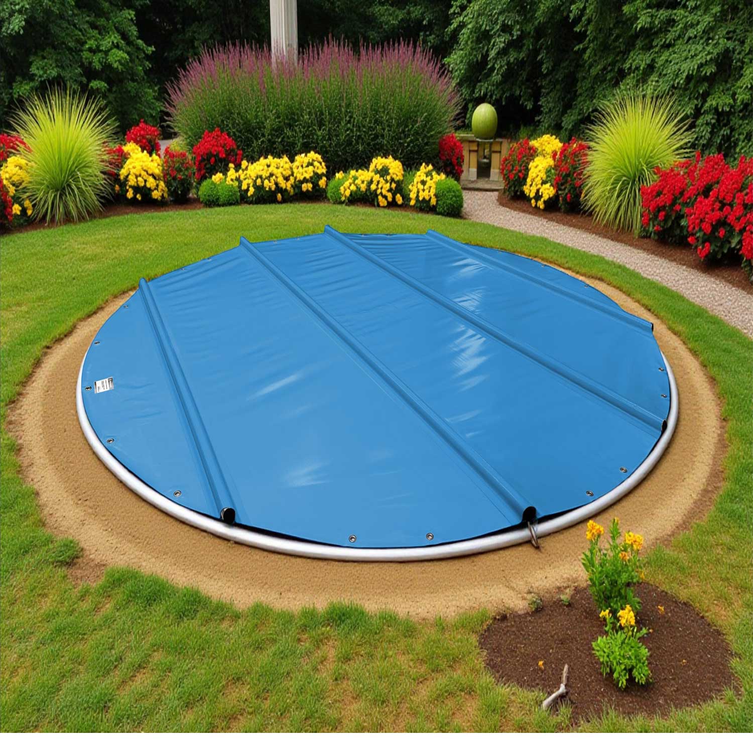 Der runde Pool ist mit einer blauen Sicherheitsabdeckung abgedeckt und von Landschaftselementen umgeben.