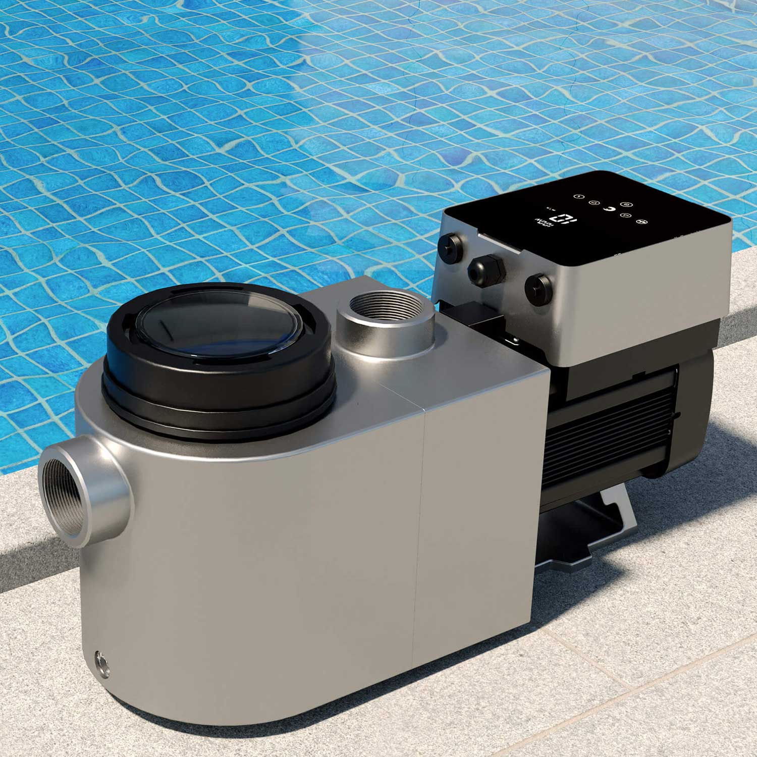 Bild einer Poolpumpe mit variabler Drehzahl, das die digitale Schnittstelle und das Motorgehäusedesign zeigt.