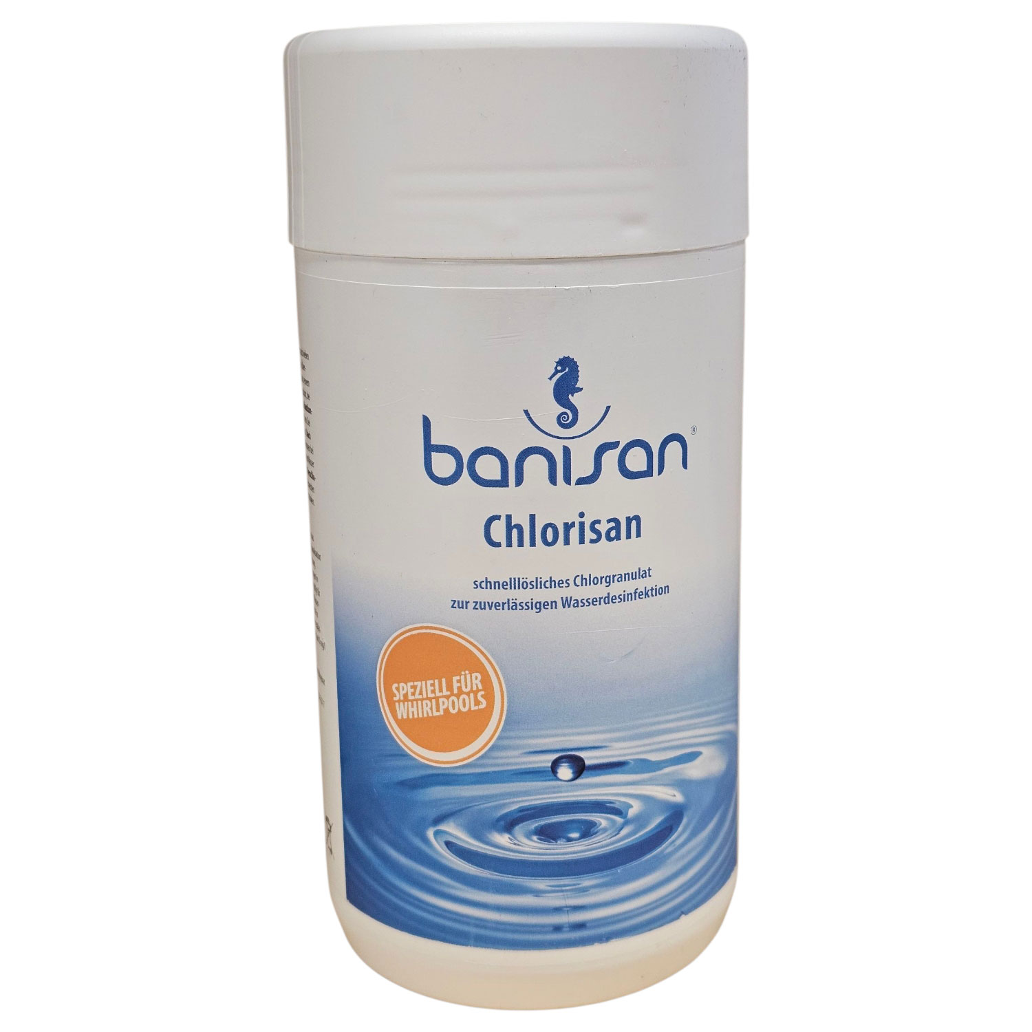 Behälter mit Banisan Chlorisan, einem schnell löslichen Chlorgranulat zur Wasserdesinfektion.