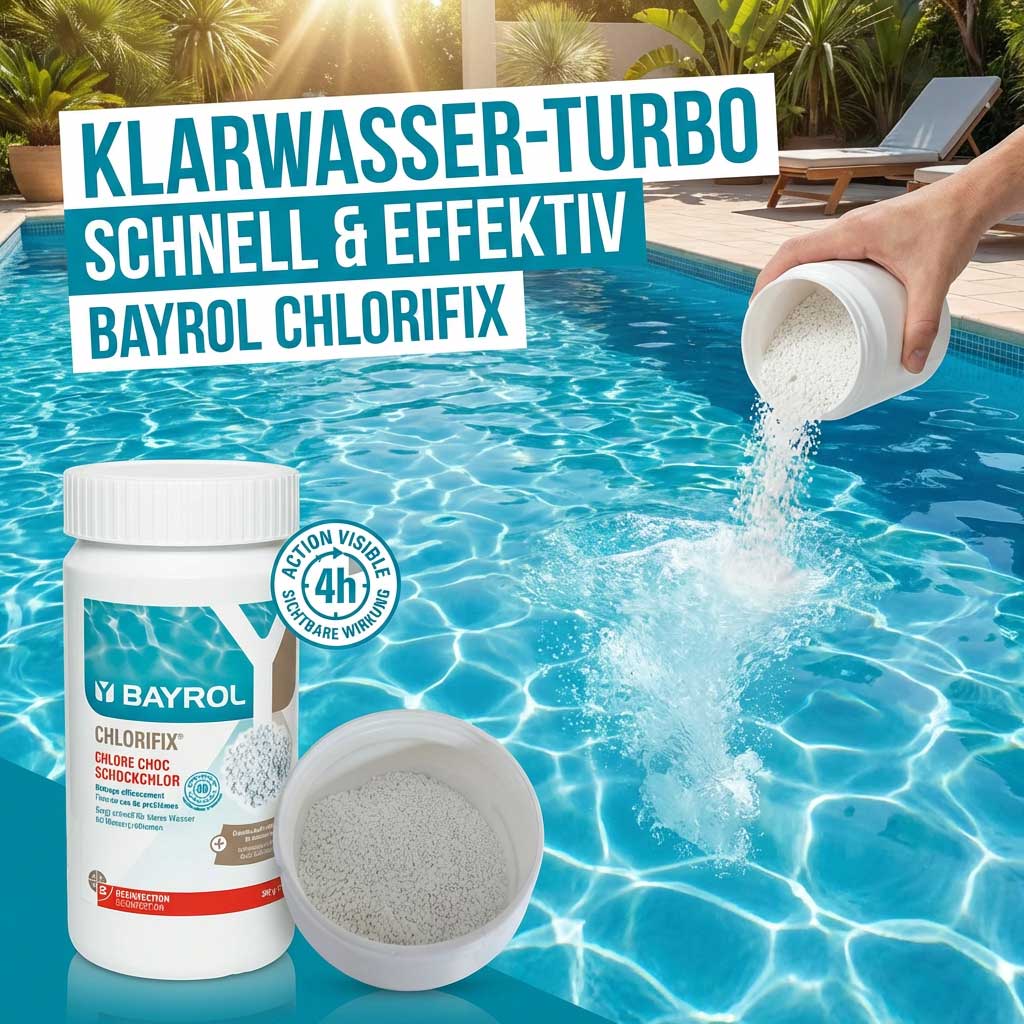 Pool mit einer Person, die neben einer Produktflasche eine körnige Pool-Schockbehandlung aus einem Behälter hinzufügt.