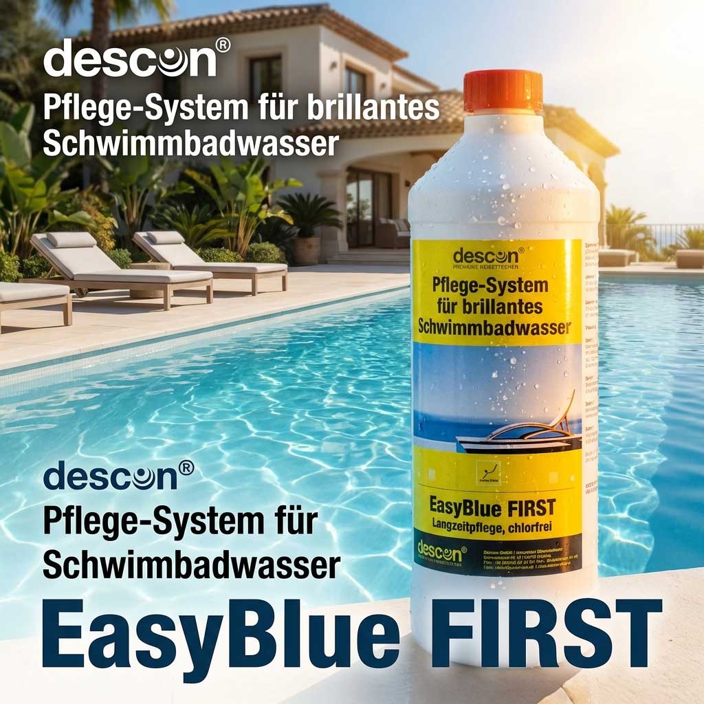 Bild eines Pool- und Wartungsprodukts. Die Produktflasche wird prominent am Pool präsentiert.