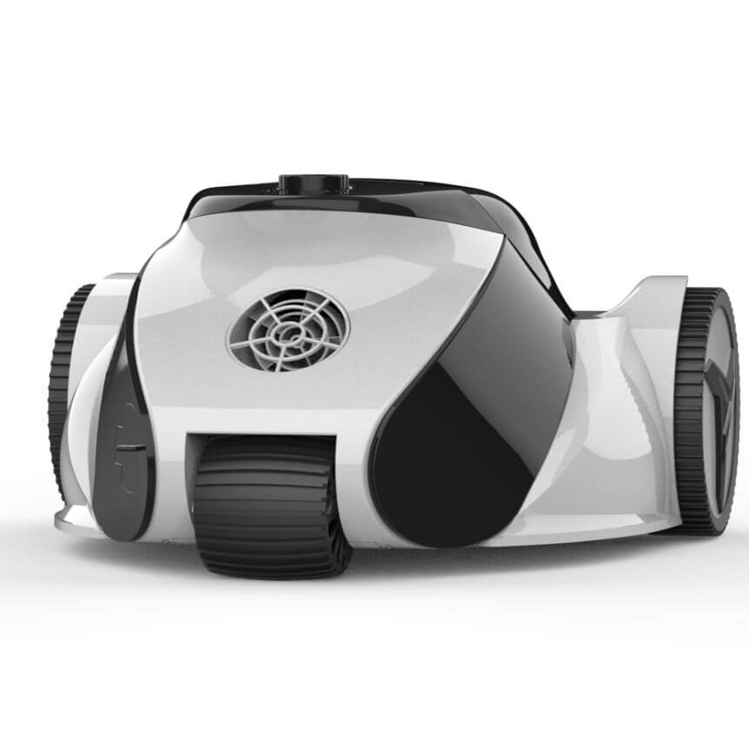 Rückansicht eines Roboter-Poolreinigers mit weiß-schwarzem Chassis und strukturierten Rädern.