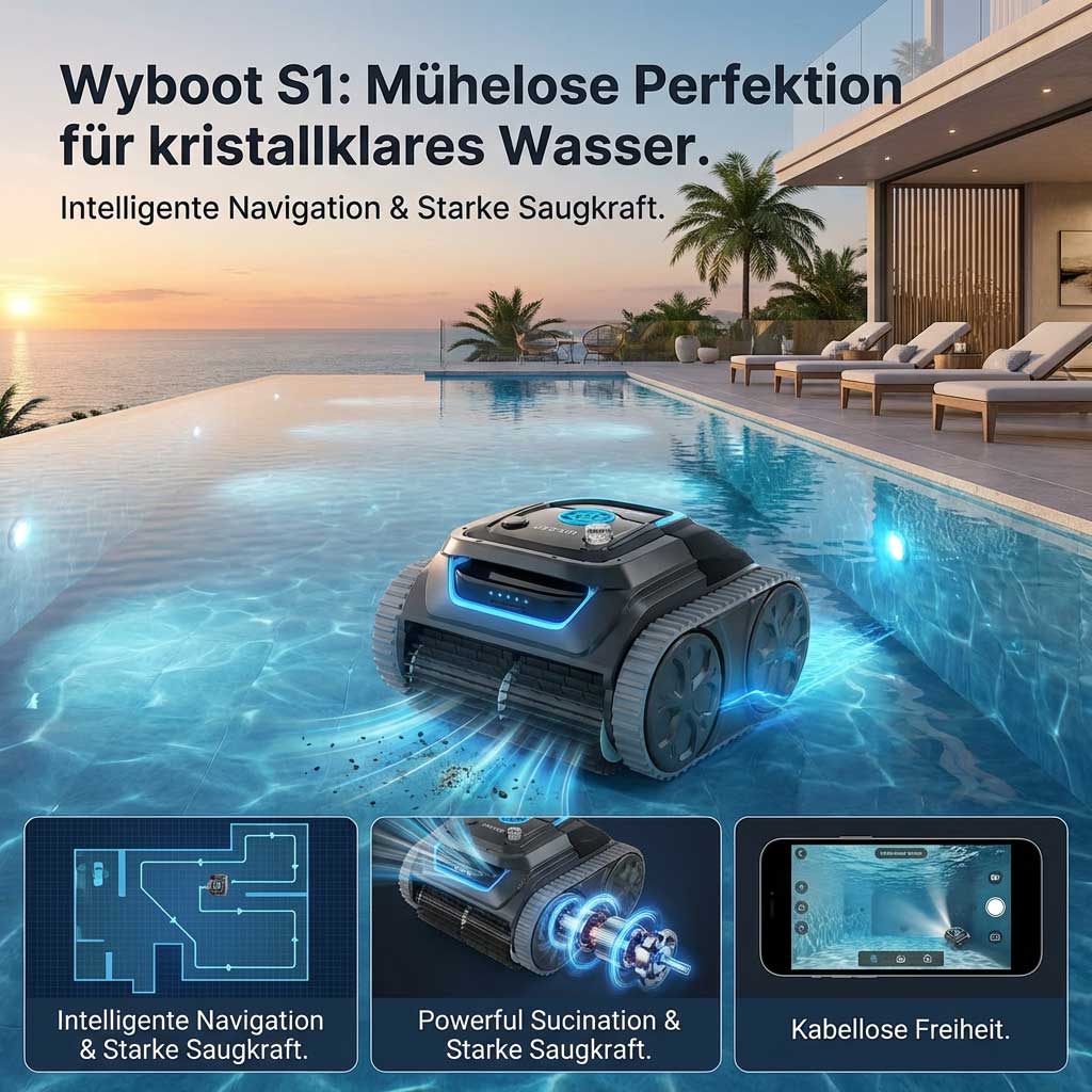 Roboter-Poolreiniger, der in einem Schwimmbad mit klarem Wasser arbeitet.