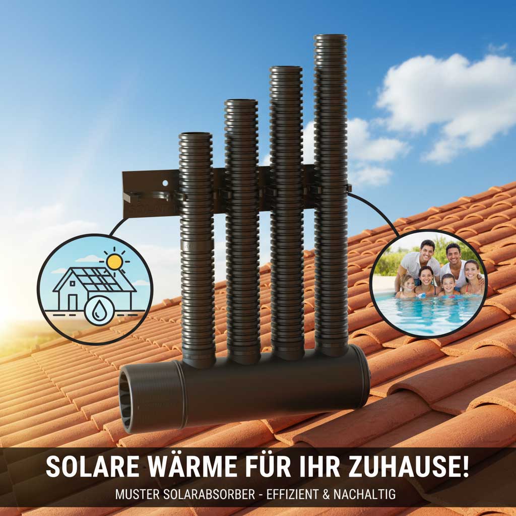 Das Bild zeigt ein auf einem Ziegeldach montiertes Solarabsorbersystem, das das Konzept der solaren Warmwasserbereitung veranschaulicht.