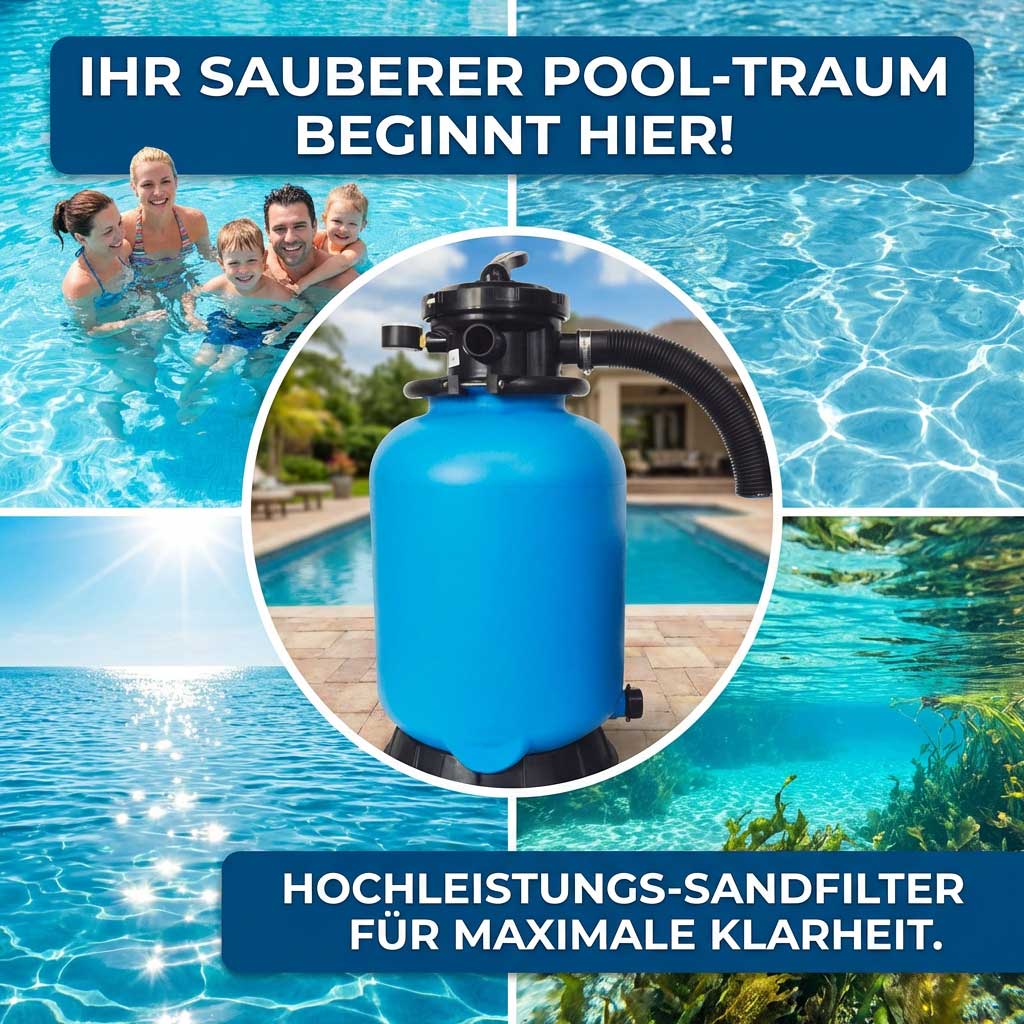 Blauer Sandfilter zur Poolwasserreinigung mit schwarzem Schlauchanschluss.