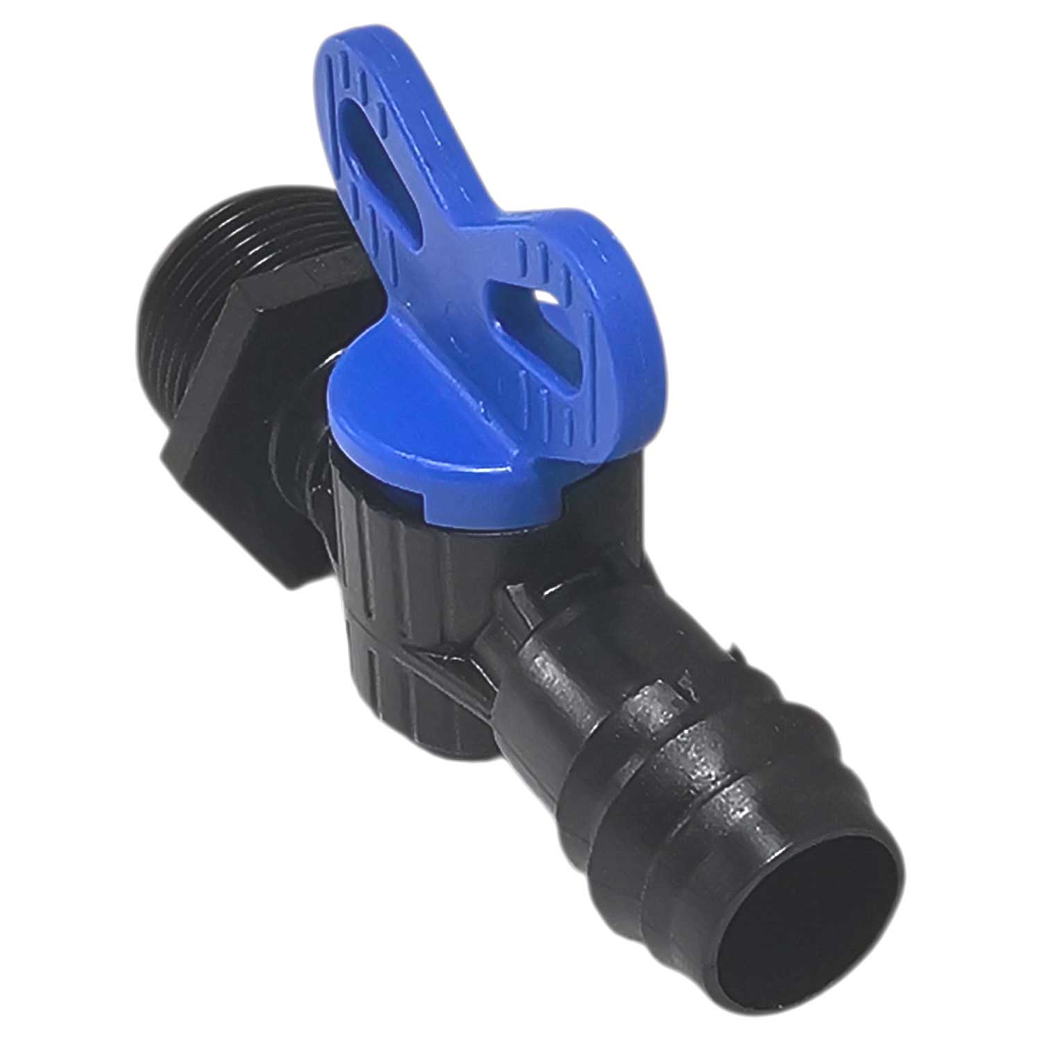 Schwarz-blaues Ventil mit Griff zur Wasserkontrolle.