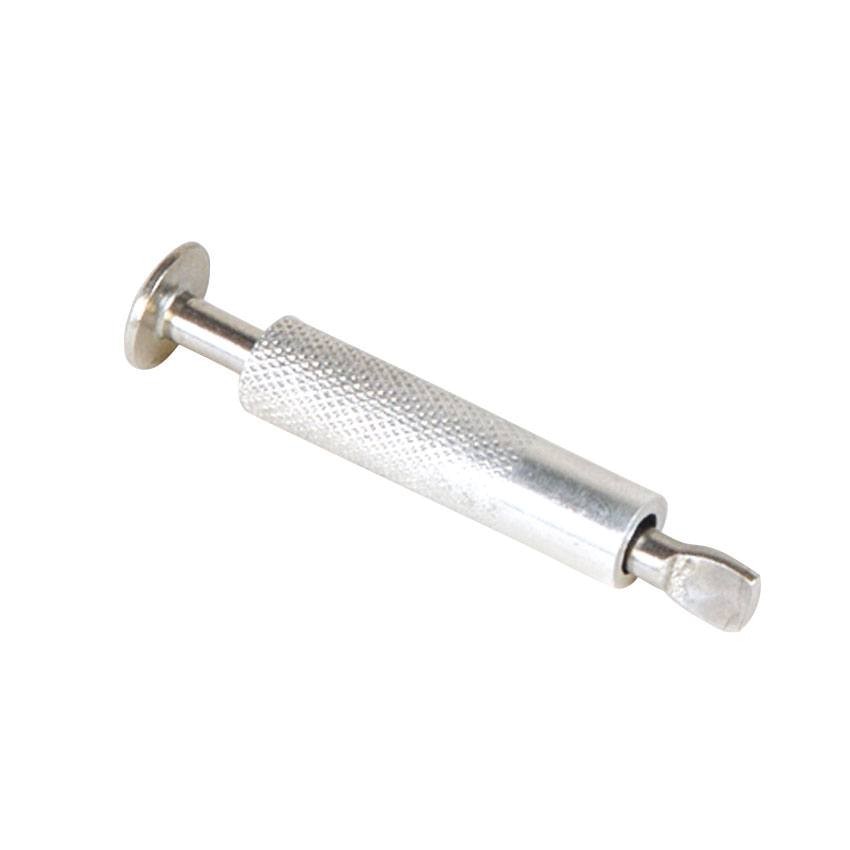 Nahaufnahme eines kleinen, silberfarbenen Metallwerkzeugs mit gerändeltem Griff und flachem, geschlitztem Kopf.