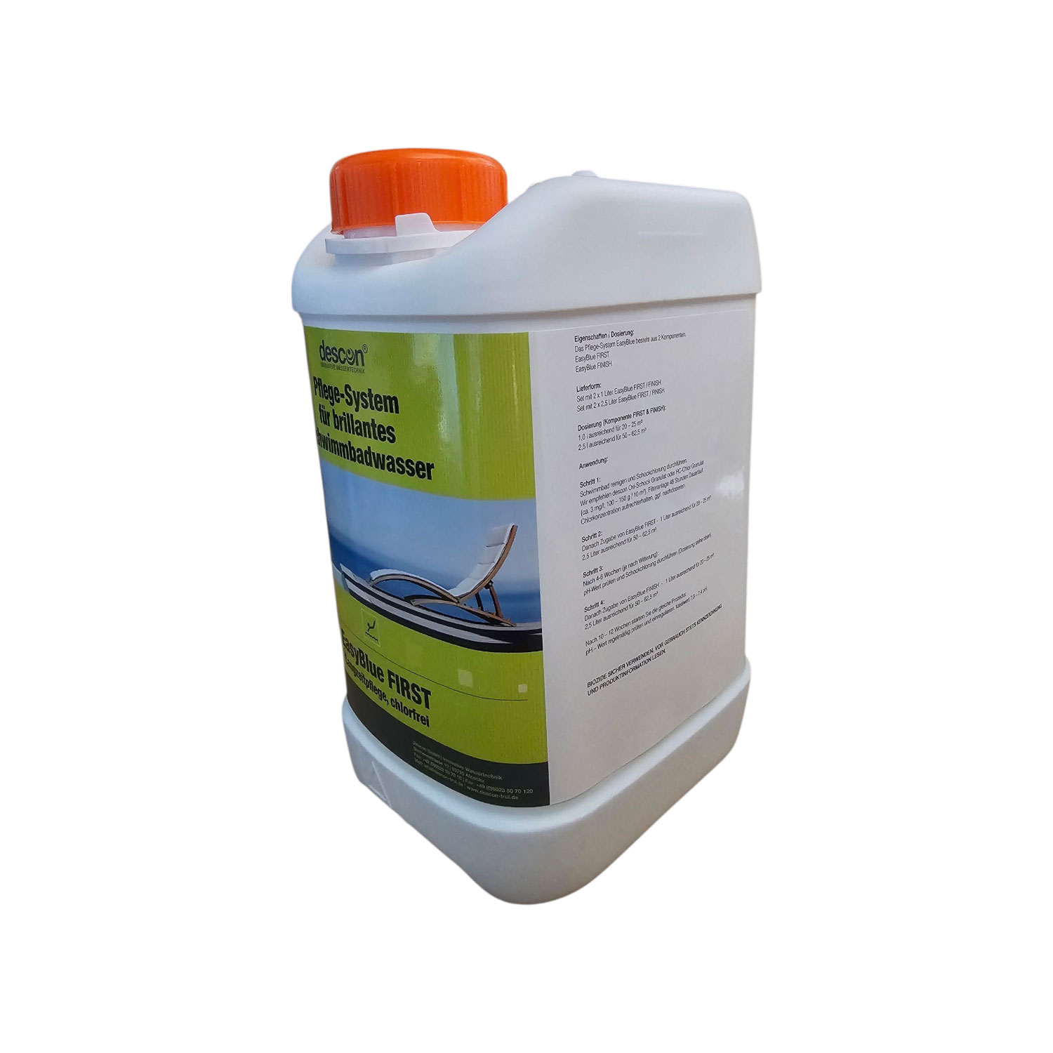 Behälter descon EasyBlue FIRST chlorfrei Poolpflegesystems mit technischen Informationen.