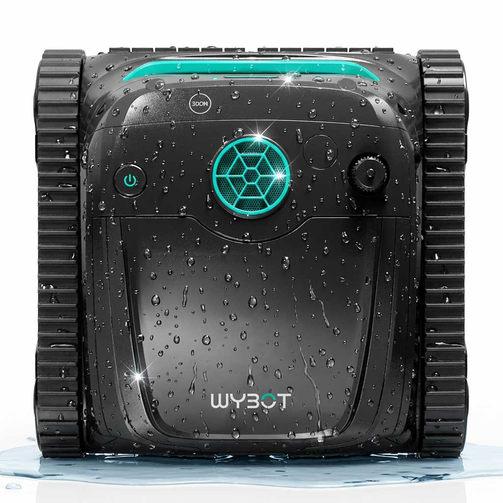 Roboter-Poolreiniger mit Wassertropfen auf der Oberfläche.