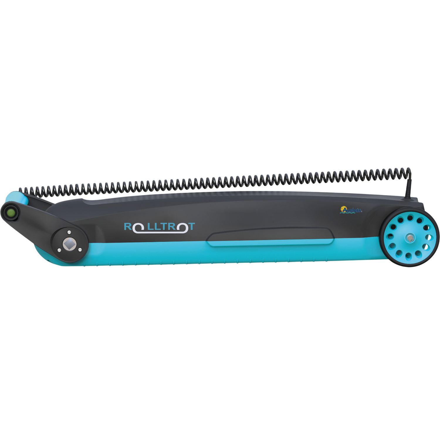RollTrot automatischer Poolabdeckungsroller mit schwarzem Spiralkabel und blauen Akzenten.