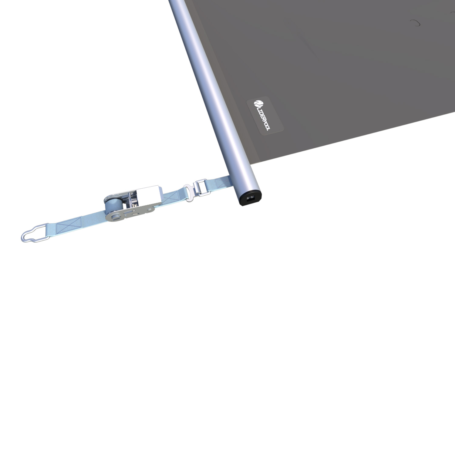 Detailansicht einer Poolabdeckung mit Rollmechanismus und Sicherungsgurt zur Veranschaulichung der Eigenschaften der Abdeckung.