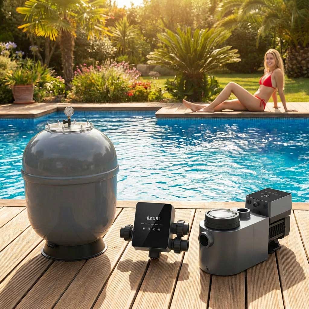 Poolausrüstung einschließlich Filter, Pumpe und Steuereinheit in der Nähe des Schwimmbades.
