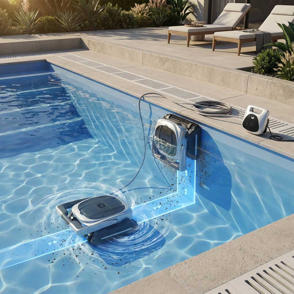 Automatischer Poolreinigungsroboter, der in einem rechteckigen Schwimmbecken mit integriertem Filtersystem arbeitet.