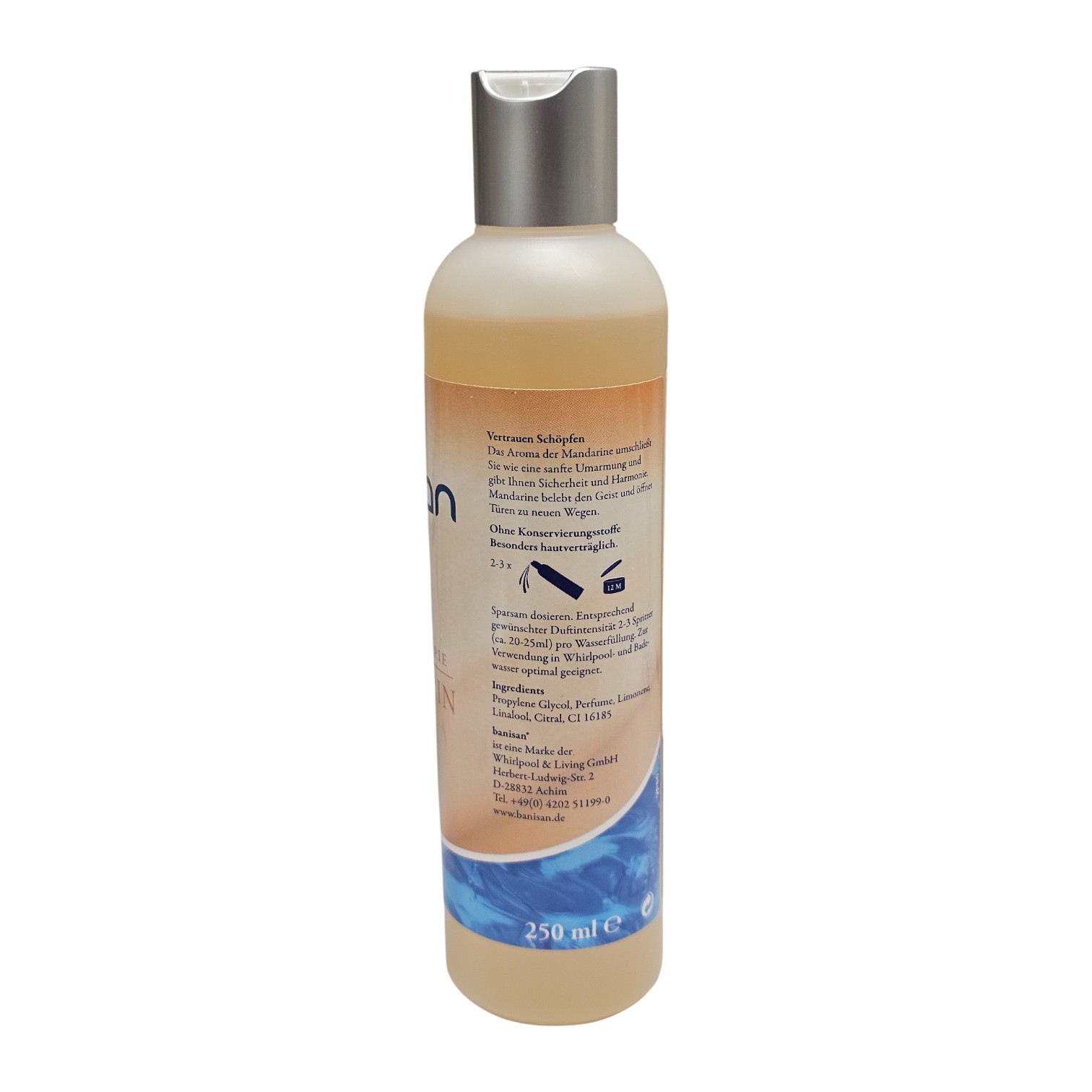 Eine 250-ml-Flasche Banisan-Aromatherapie, beschriftet mit Zutaten und Gebrauchsanweisungen.