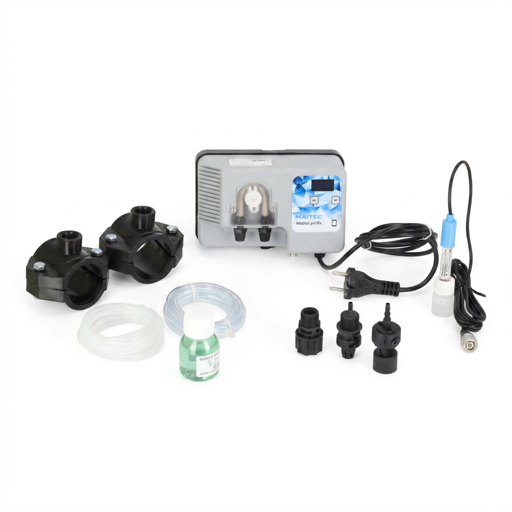 Poolwasseraufbereitungssystem mit Pumpe, Schläuchen und Zubehörteilen.