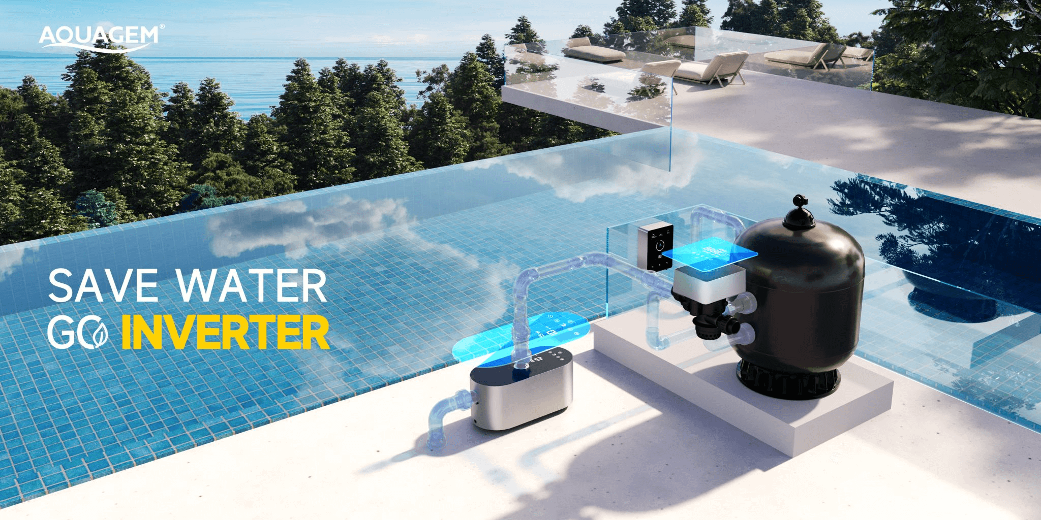 Bild zeigt das Filtersystem eines Pools mit Pumpe, Filter und Bedienfeld sowie Rohrleitungen.