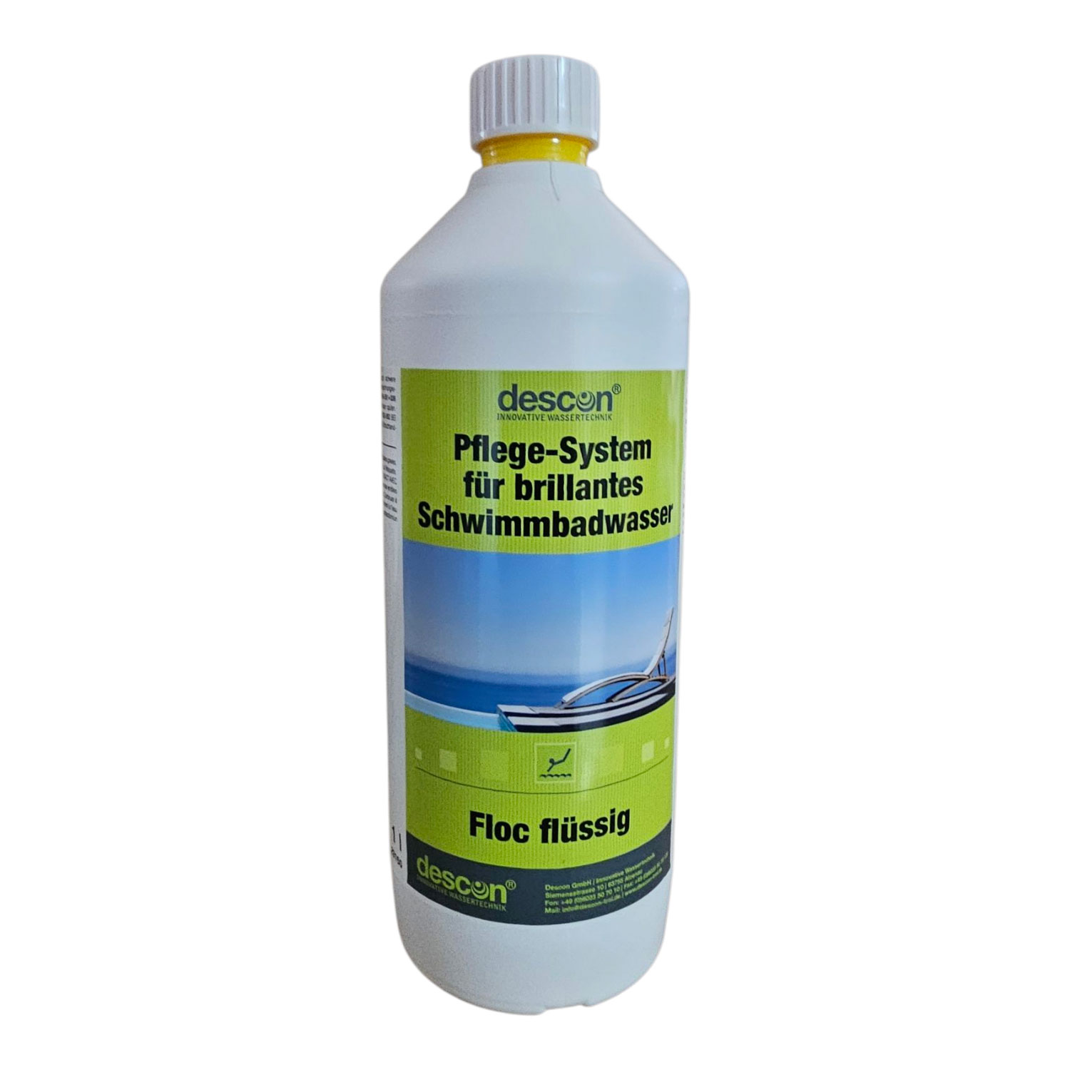 Flasche Descon Floc flüssig, ein flüssiges Flockungsmittel zur Klärung von Schwimmbadwasser.