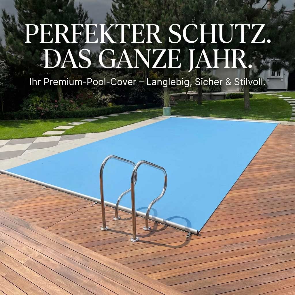 Ein rechteckiger Swimmingpool mit blauer Poolabdeckung und einer Metallleiter auf einer Holzterrasse.