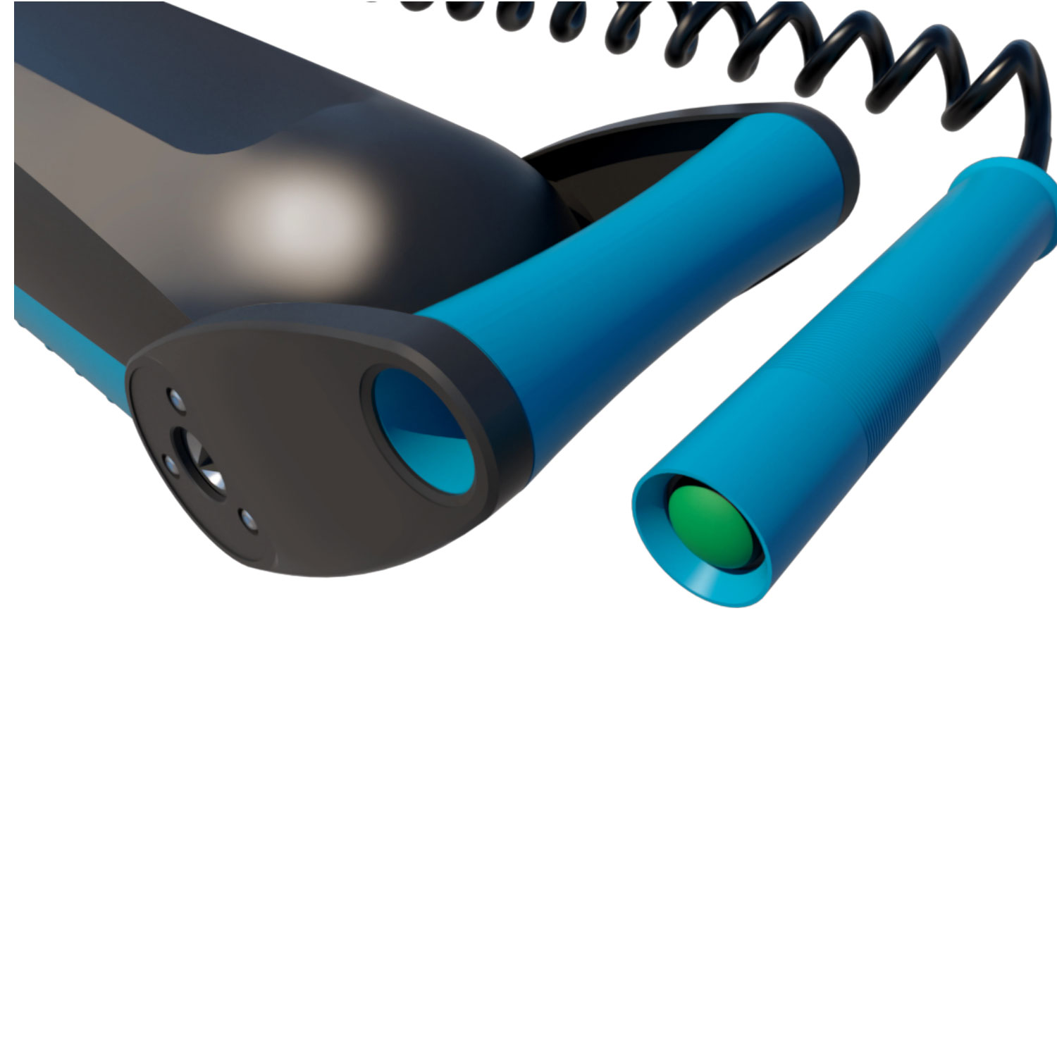 Nahaufnahme eines elektronischen Geräts mit Steuereinheit, blauen Griffen und Spiralkabel.