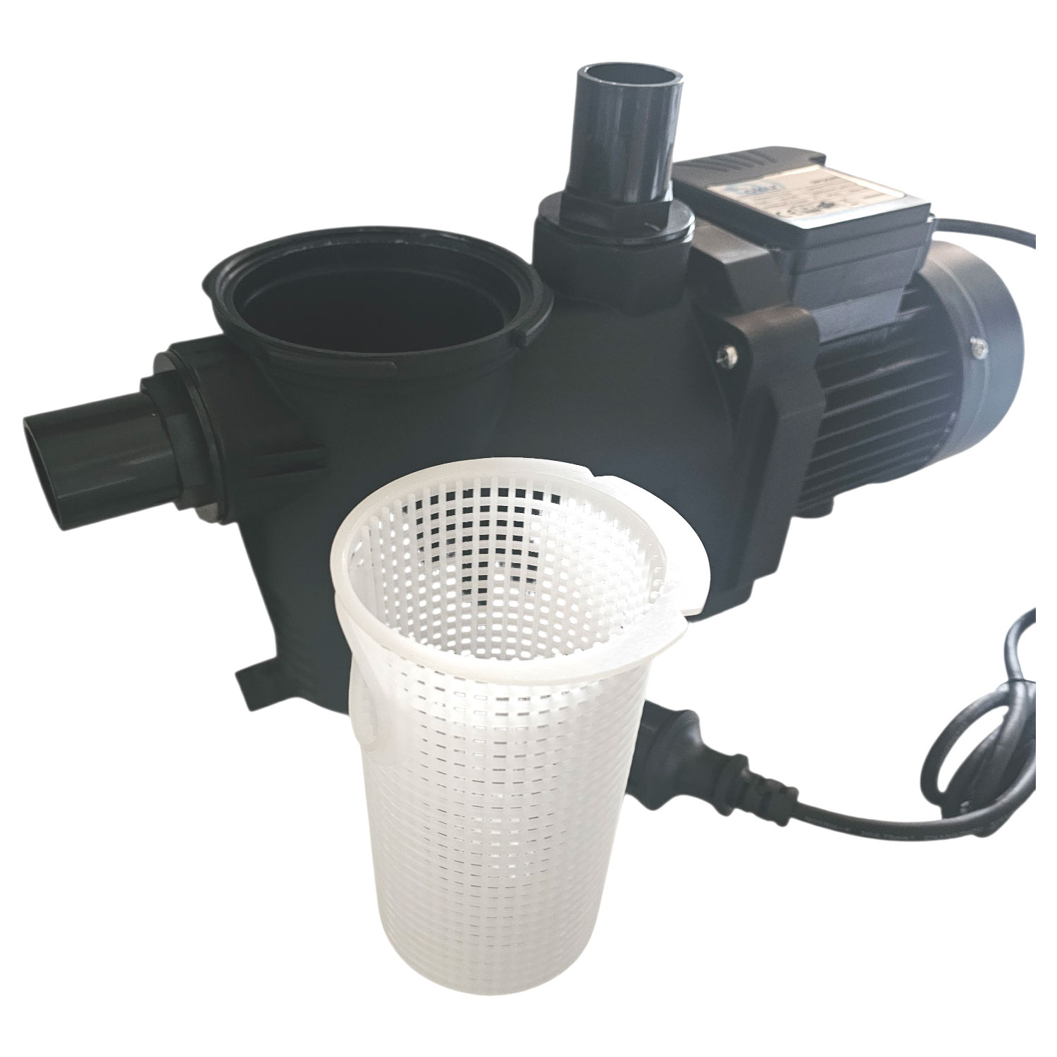 Poolpumpe mit Filterkorb und Elektroanschluss.