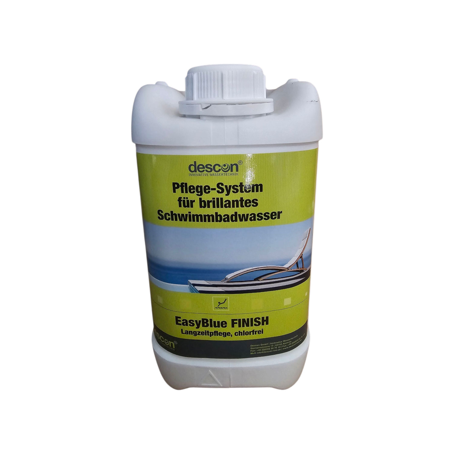 Behälter mit Poolwasseraufbereitungslösung für eine langfristige, chlorfreie Pflege.