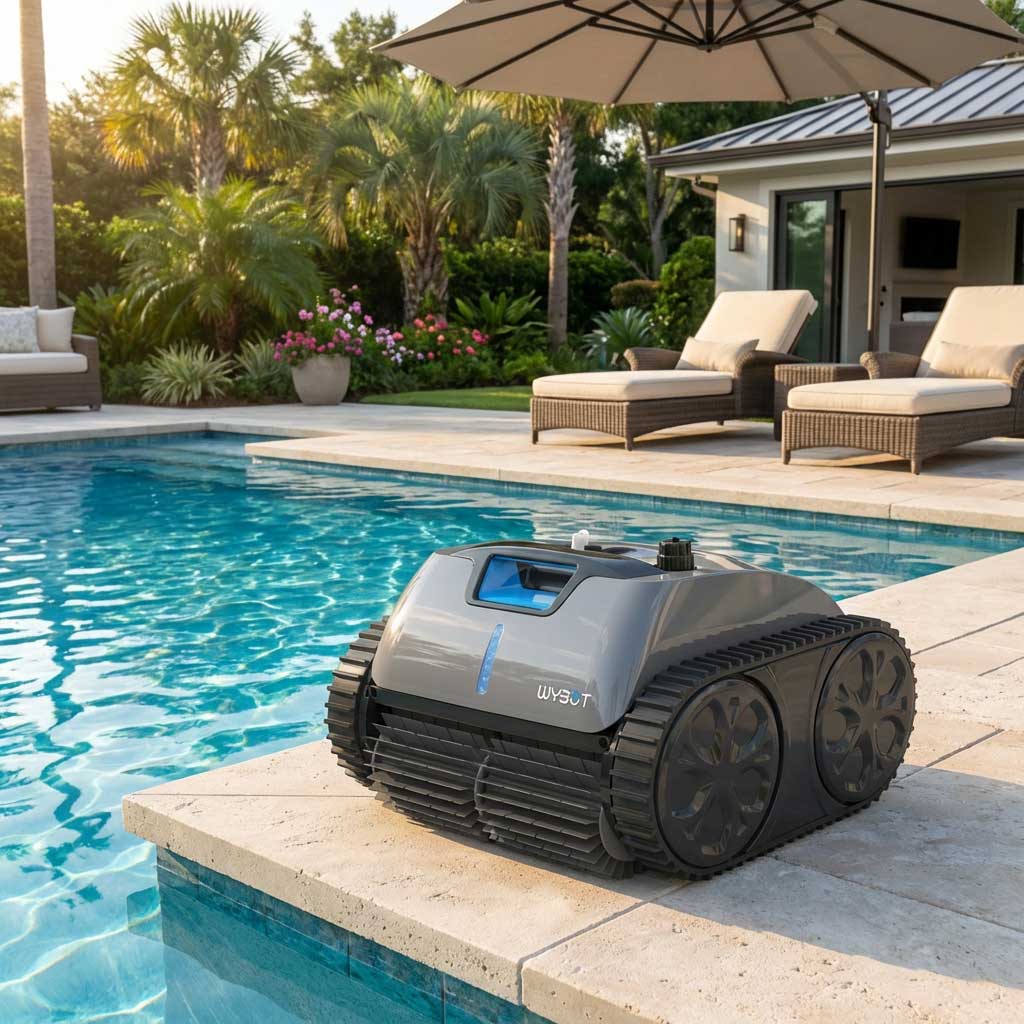Roboter-Poolreiniger am Rand eines Schwimmbeckens positioniert, betriebsbereit.