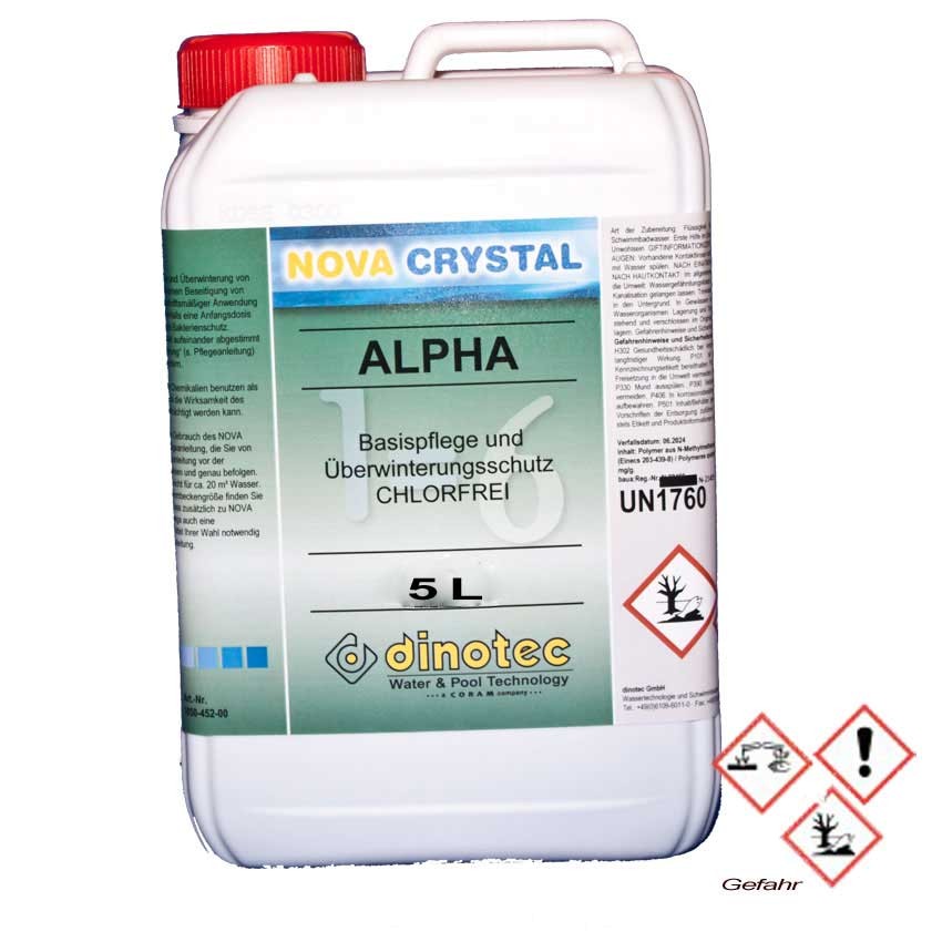 Fünf-Liter-Behälter mit NOVA CRYSTAL Alpha chlorfrei, einer Wasser- und Poolaufbereitungslösung.