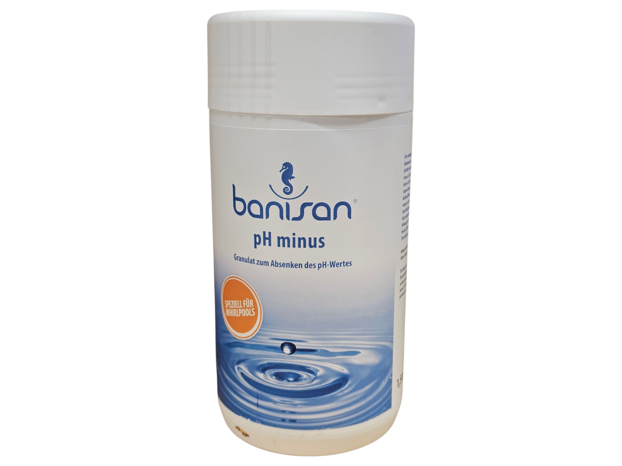 Banisan pH-Minus-Granulat in einem weißen Kunststoffbehälter zur Senkung des pH-Werts.