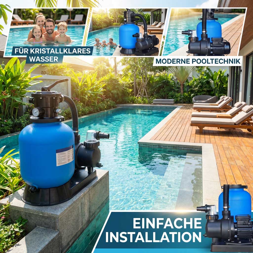 Blaues Poolfiltersystem neben einem modernen Schwimmbad.