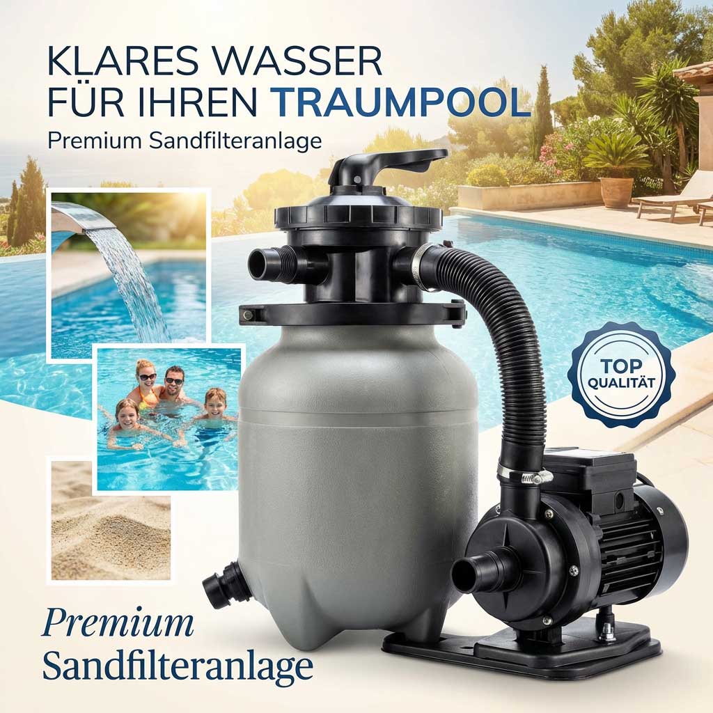 Sandfilteranlage zur Filterung und Zirkulation des Poolwassers.