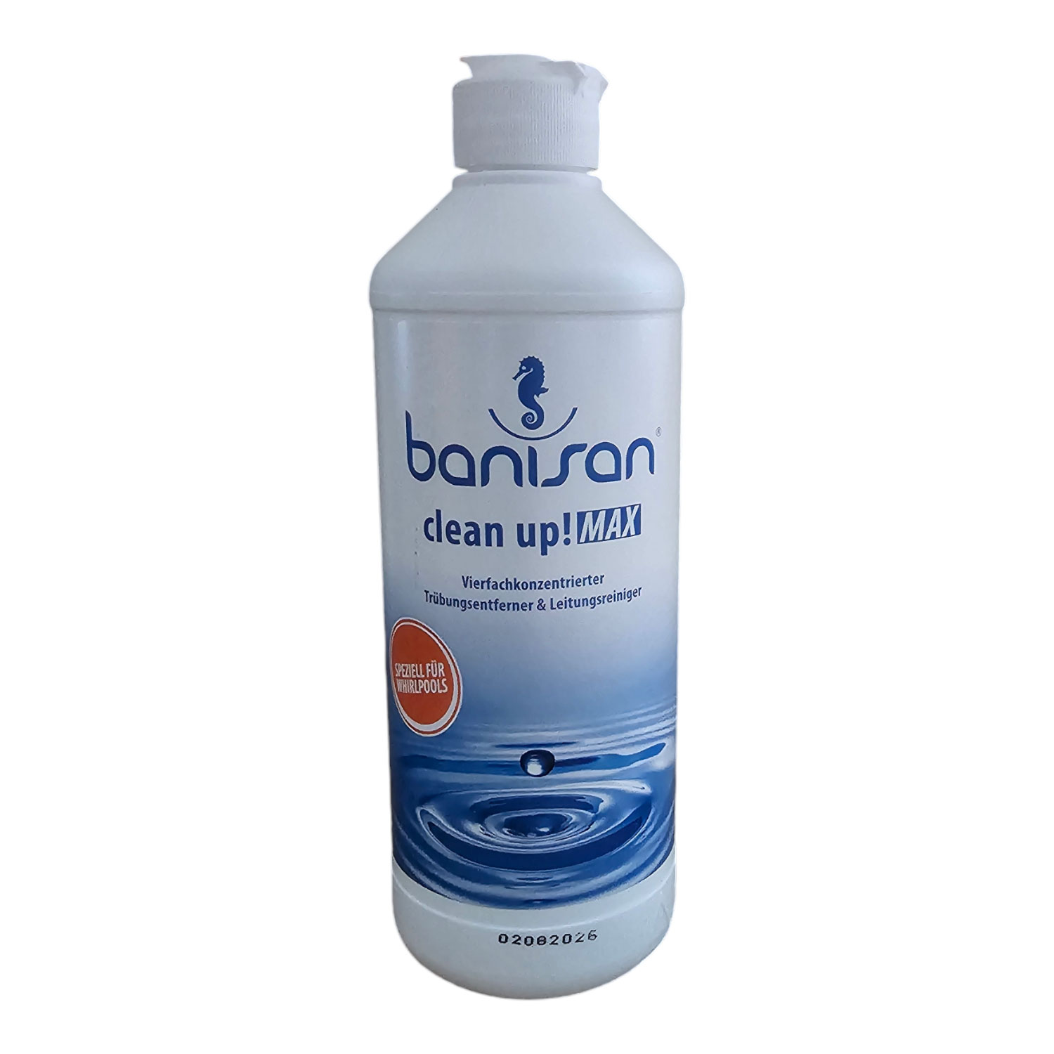 Weiße Plastikflasche Banisan Clean up! MAX Whirlpool-Trübungsentferner und Leitungsreiniger.