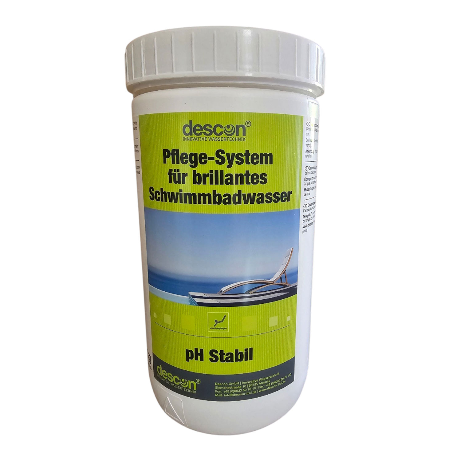 Ein Behälter mit Descon pH Stabil, einem Poolwasserpflegesystem für brillantes Schwimmbadwasser.