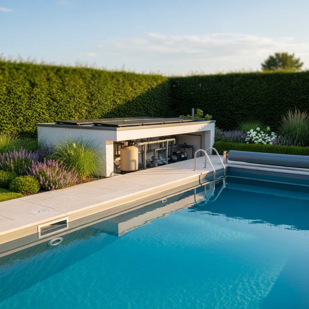 In den Boden eingelassener Swimmingpool mit automatischer Poolabdeckung und angrenzender Geräteeinhausung.
