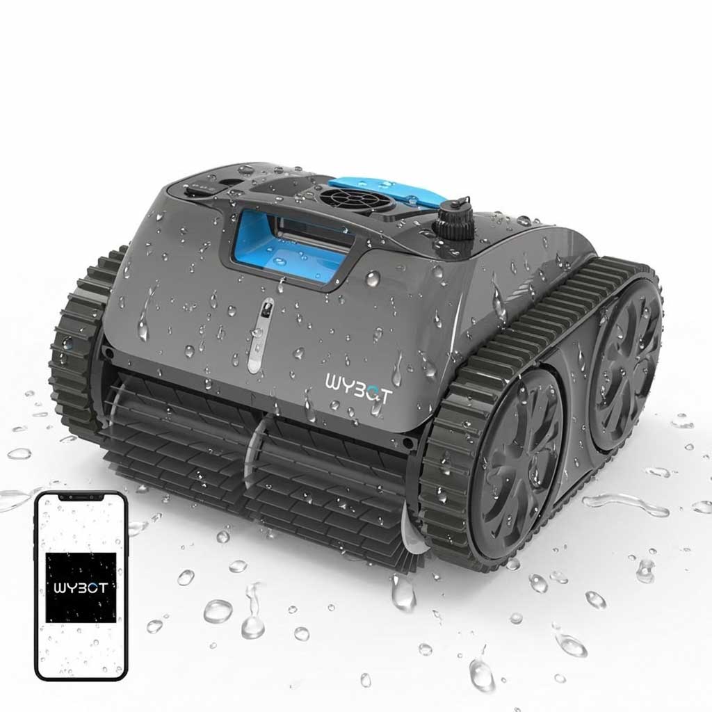 Automatischer Poolreiniger mit Spuren und Wassertropfen auf der Oberfläche.