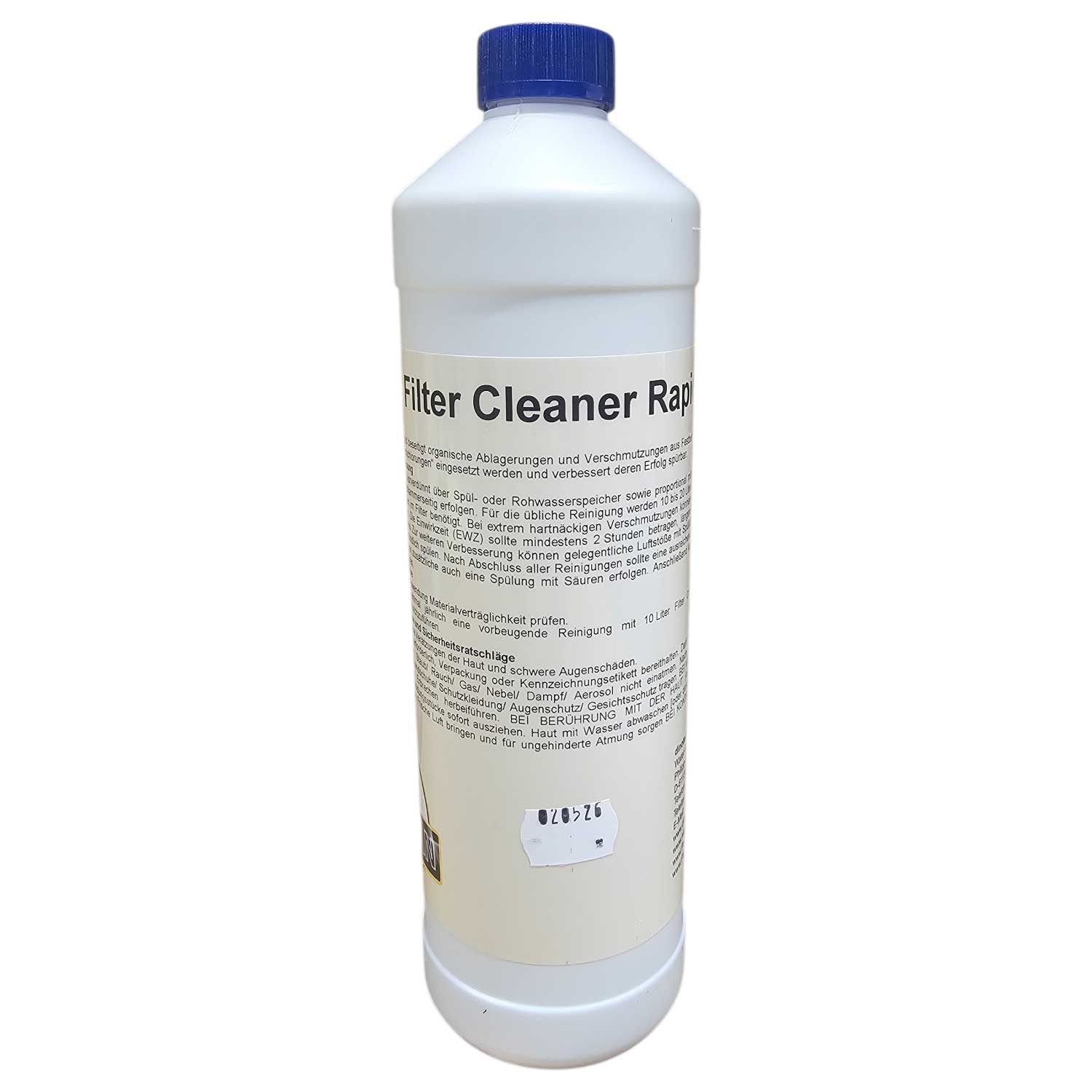 Flasche Filterreiniger mit blauem Verschluss und Etikettenanleitung.
