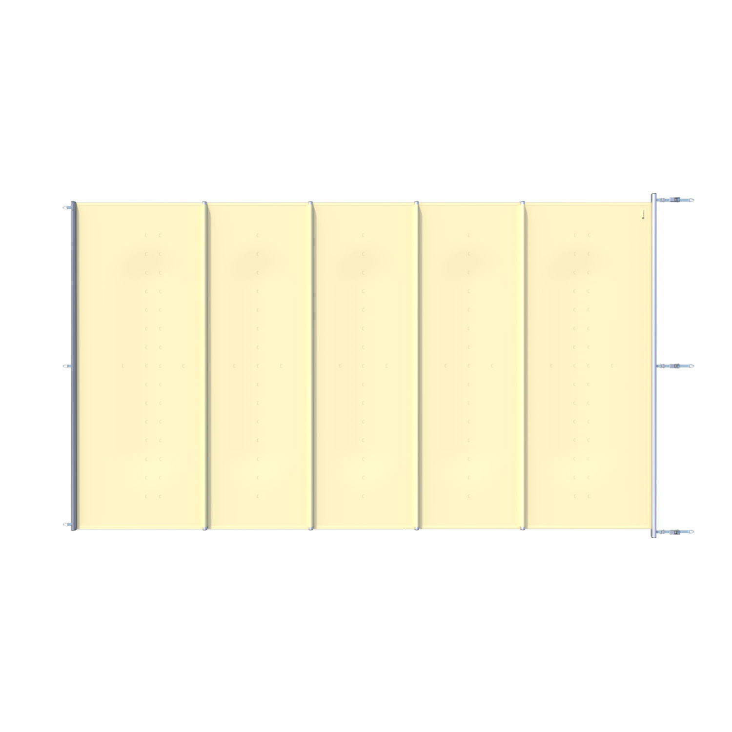 Draufsicht auf eine rechteckige, versenkbare Poolabdeckung mit segmentiertem Design und sicheren Befestigungselementen.